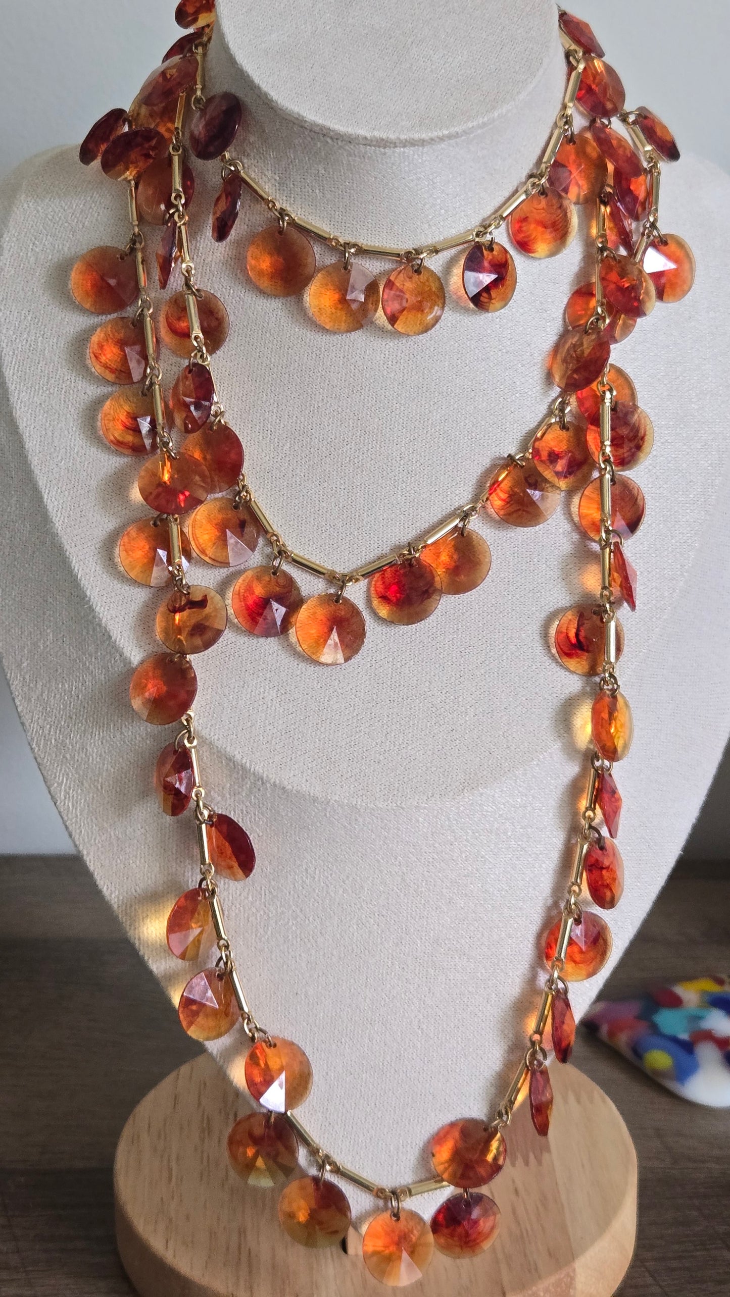 70's VTG Celluloid Amber Faceted Disc Charm Necklace