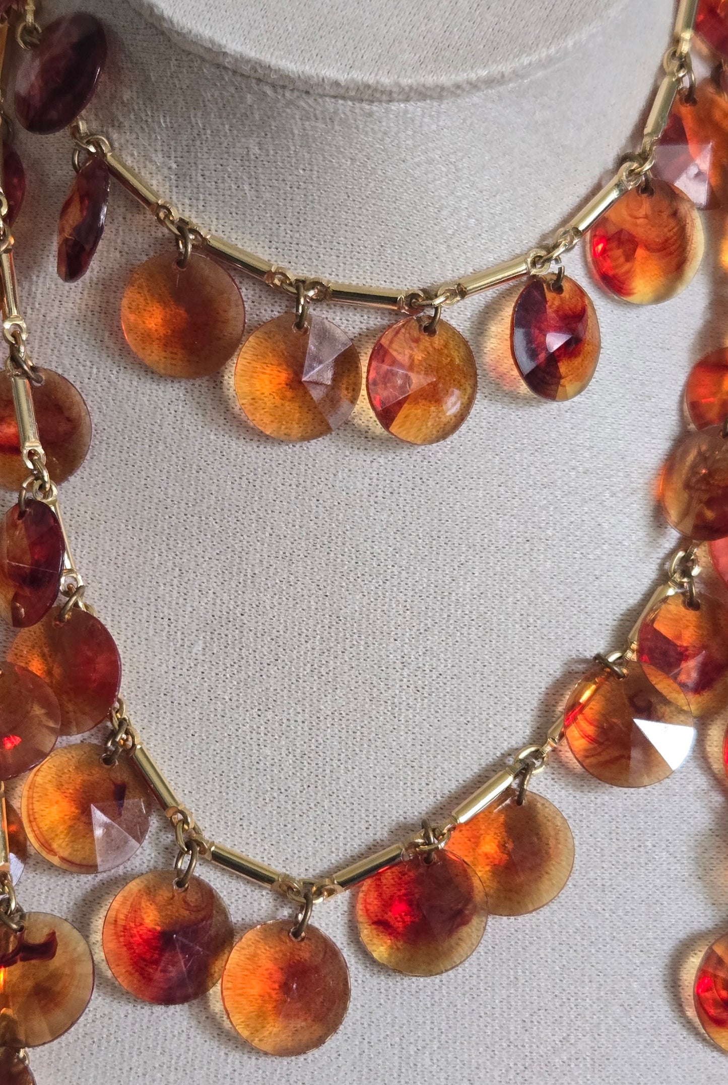70's VTG Celluloid Amber Faceted Disc Charm Necklace