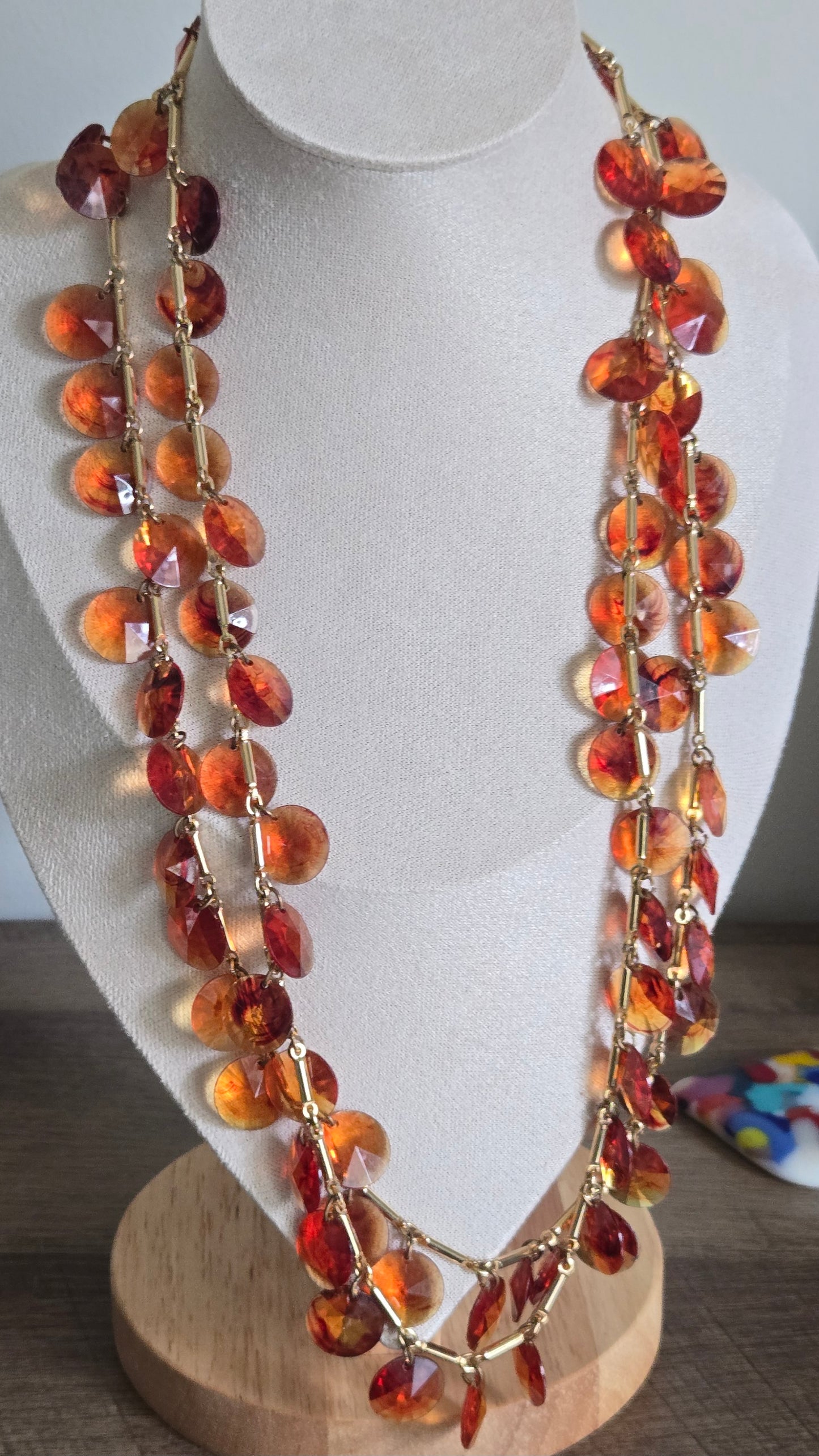 70's VTG Celluloid Amber Faceted Disc Charm Necklace