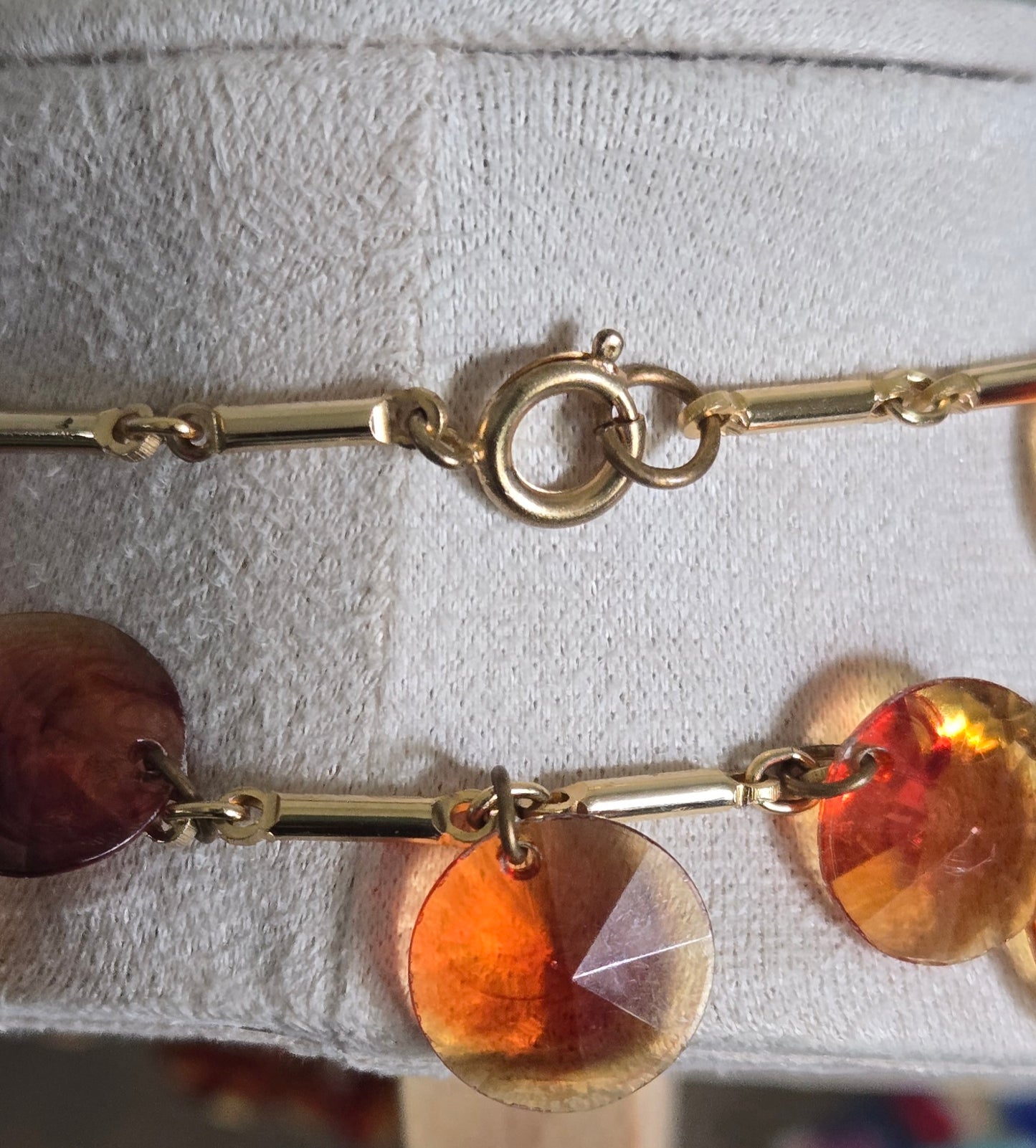 70's VTG Celluloid Amber Faceted Disc Charm Necklace